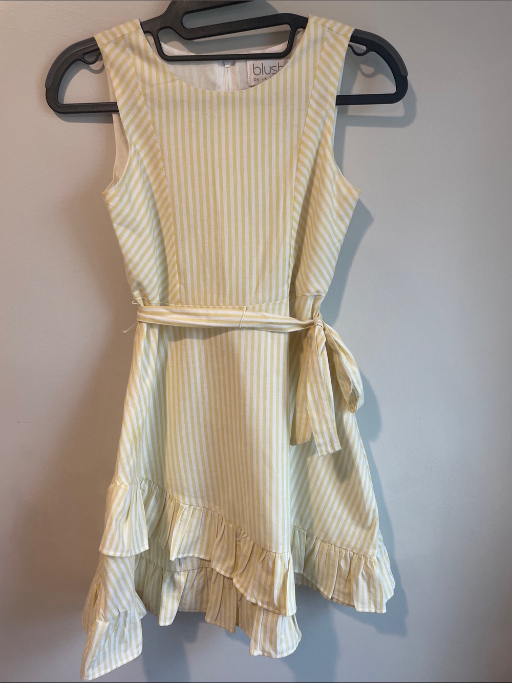 Blush by Us Angels Yellow and White Striped Ruffle Dress with Tie Waist
